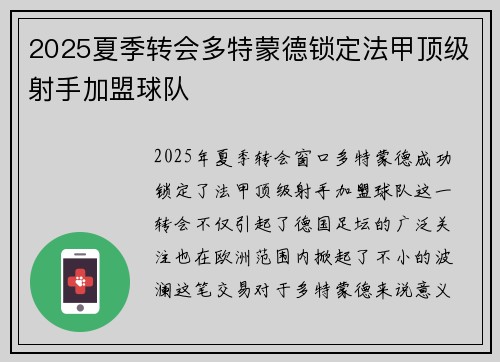 2025夏季转会多特蒙德锁定法甲顶级射手加盟球队